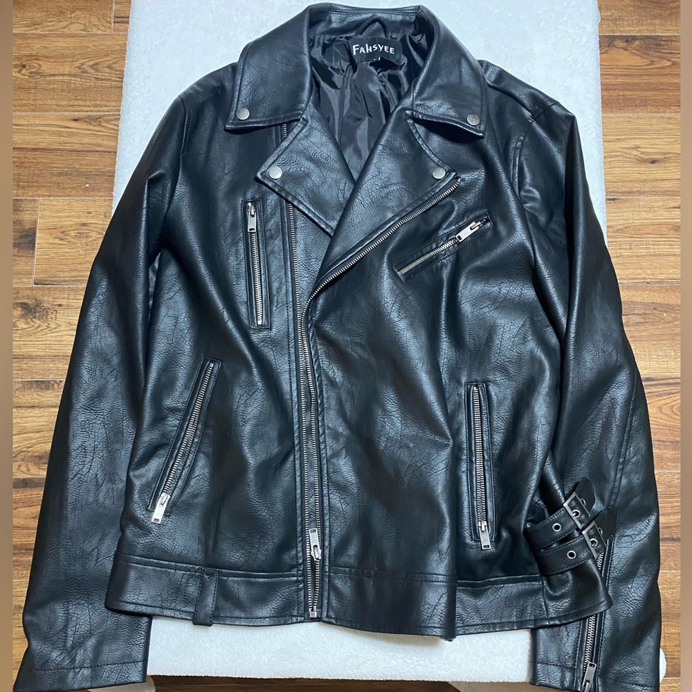 Woman’s black leather jacket